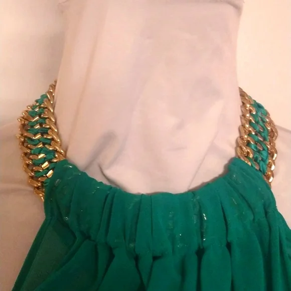 BeBe Elegant Chain Halter Backless Silky Sheer Dress - Picture 3 of 10